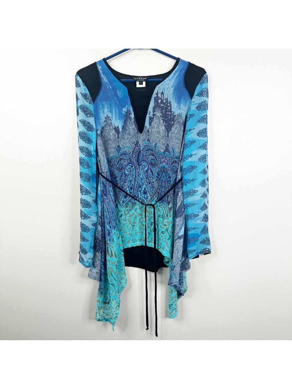 CITRON Silk Blouse Womens Large Handkerchief Hem Blue Flowy Long Sleeves